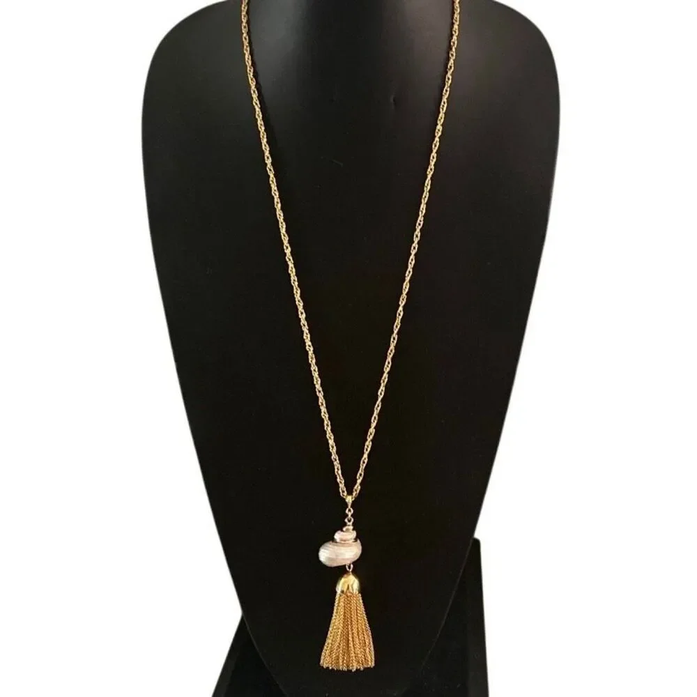 Vintage Seashell Tassel Long Necklace Women's 30